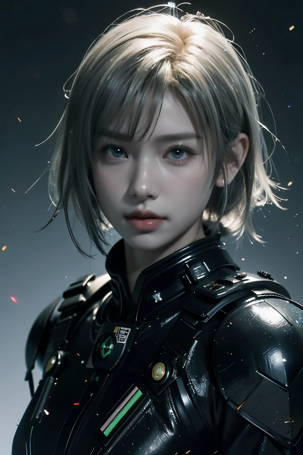 Game art，The best picture quality，Highest resolution，8K，((A bust photograph))，((Portrait))，(Rule of thirds)，Unreal Engine 5 rendering works， (The Girl of the Future)，(Female Warrior)， 22岁少女，(Female hackers)，(White short hair，Long hair casual)，(A beautiful eye full of detail)，(Big breasts)，(Eye shadow)，优雅迷人，冷漠，((惊讶))，(Battle wear full of futuristic tech，Clothing combines futuristic power armor and police uniforms，The garments are adorned with glittering patterns and badges)，赛博朋克人物，未来风格， 拍照姿势，城市背景，Movie lights，Ray tracing，Game CG，((3D Unreal Engine))，oc渲染反射纹