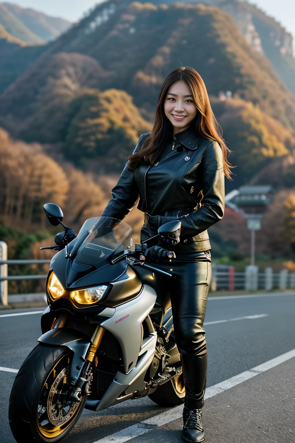 Fashion photography，A Taiwanese girl wears a tight leather jacket，Model professional pose，Slightly fat，Smile，Leaning behind is a Ducati Streetfighter，Showing the mechanical precision of this Ducati Streetfighter，golden morning moment，Backlight，mercerized hair, Japanese winding mountain road，看拍攝者並Smile，捕捉Smile表情，Canon 5D4, super wide angle, full depth of fields，HD，Super realistic，Hyper-realistic, HDR