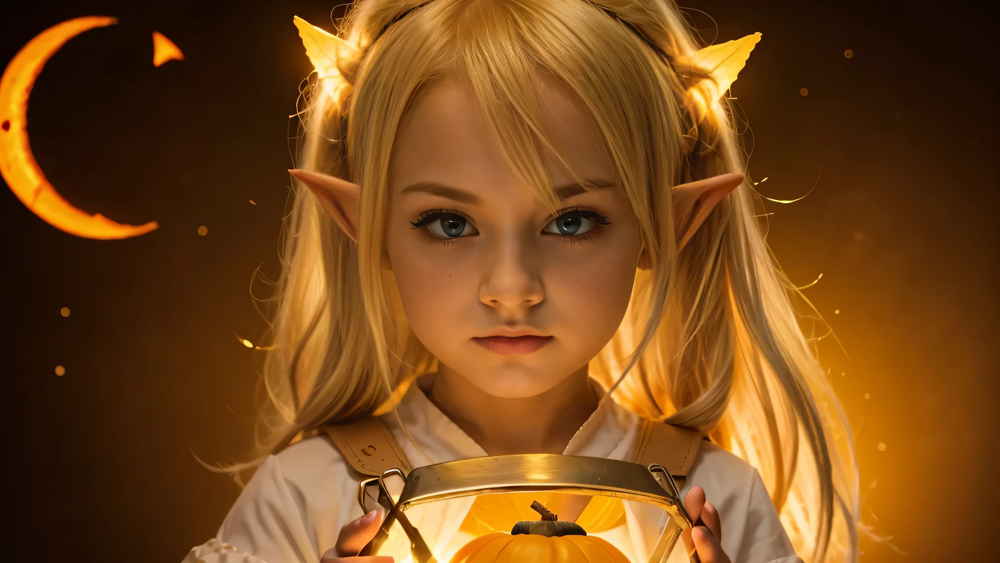 Cute portrait of a blonde elf holding a jack-o'-lanterna amarela, laser amarela com luz solar. ..