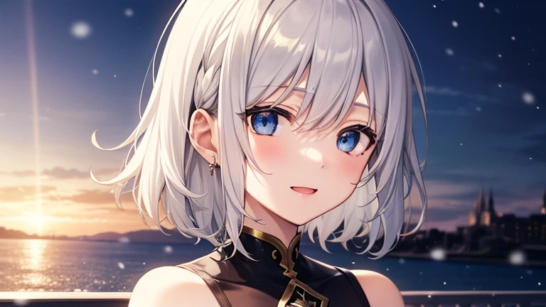 super high quality, with a girl, 20-year-old, very short hair, long bangs between the eyes, pale blue eyes , blue sky, sunlight, very detailed,(masterpiece、highest quality)、alone、gray hair、laughter、White skin as clear as snow、fantasy, silver hair, black eye, beautiful eyes,, ecstasy, charm, be smitten with audience, fantasyな風景、evening