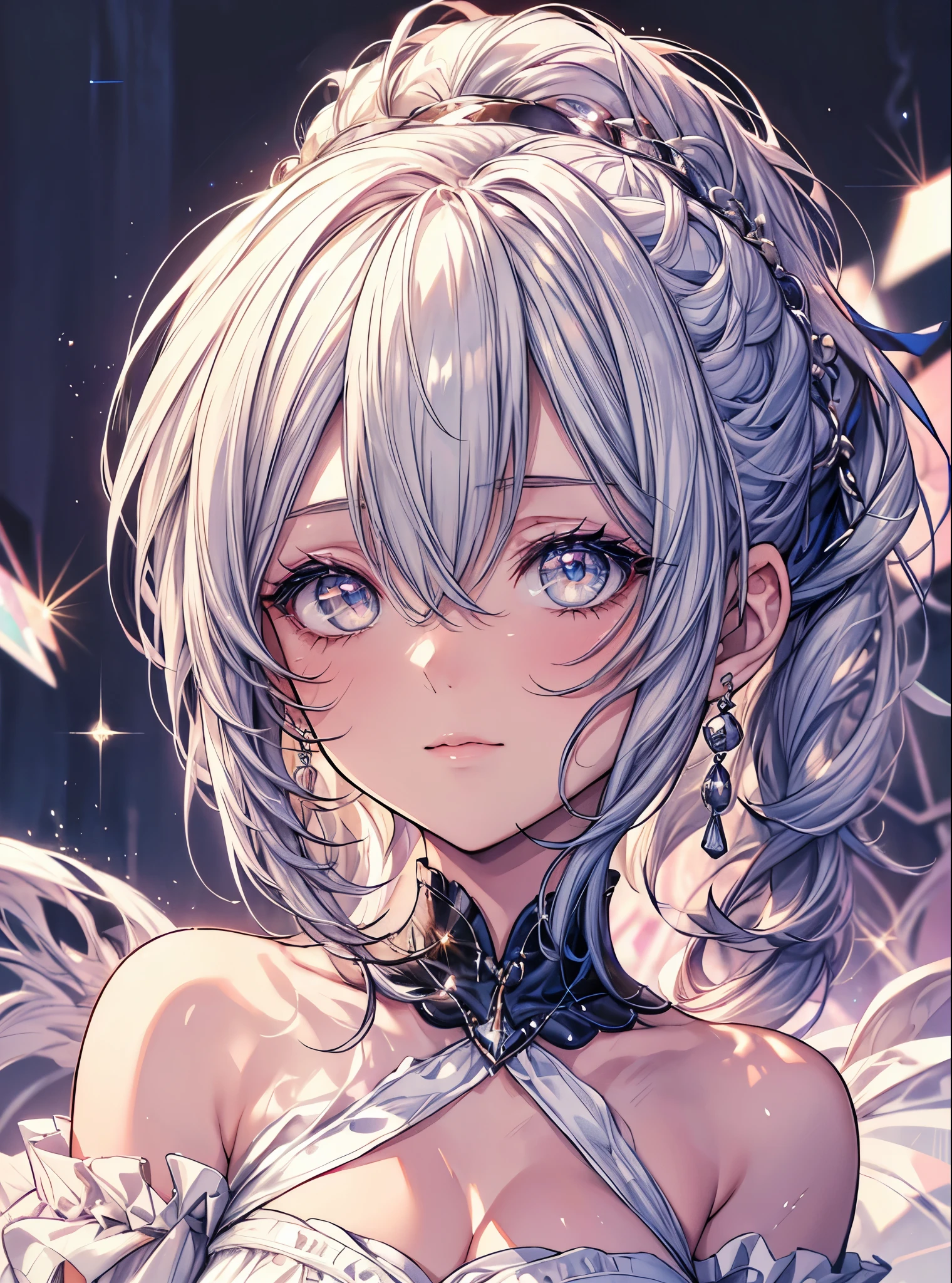 masterpiece, highest quality, High resolution, SA1, bare top mini dress, Sparkly eyes, false eyelashes, Cute atmosphere, ponytail,