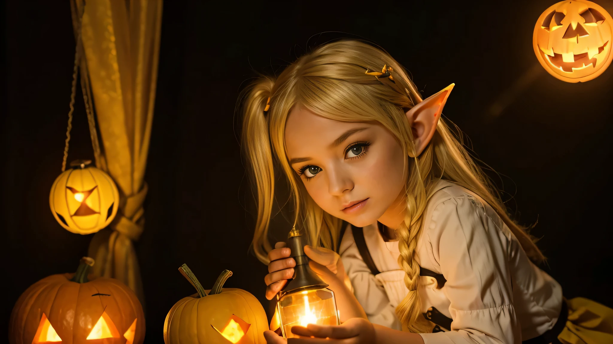 Cute portrait of a blonde elf child holding a jack-o&#39;-lanterna amarela, laser amarela com luz solar. ..