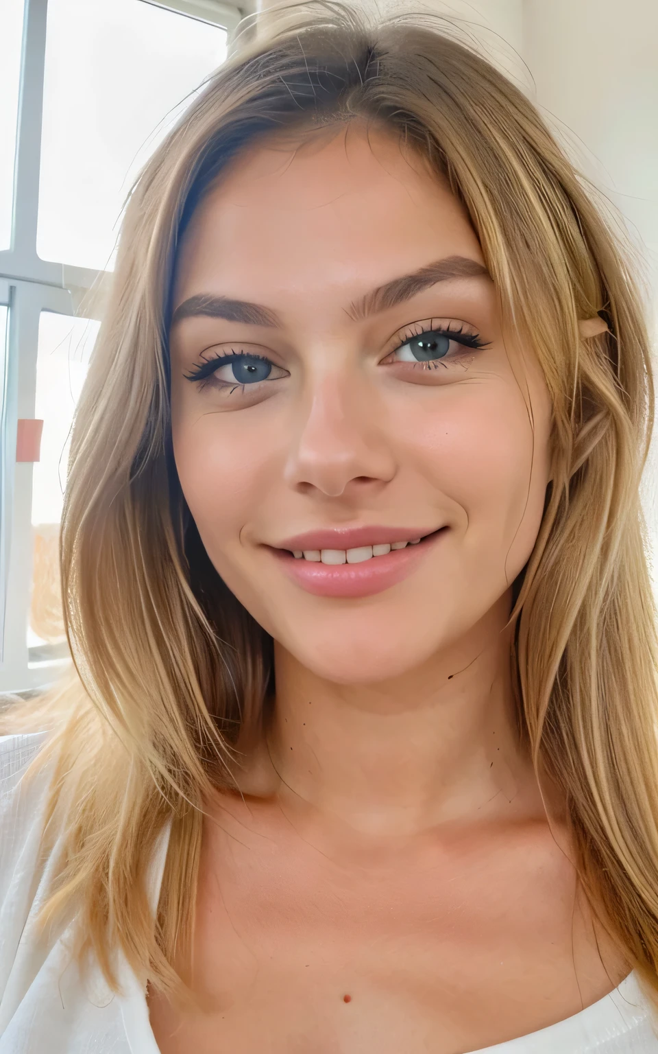 Gerade Vorderansicht, Face up close, beautiful blonde woman, Eastern European origin, lewdly smiling, kein Make up, natural light, schaut direkt in die Kamera, Gesicht gerade, nicht verdreht ((best quality))