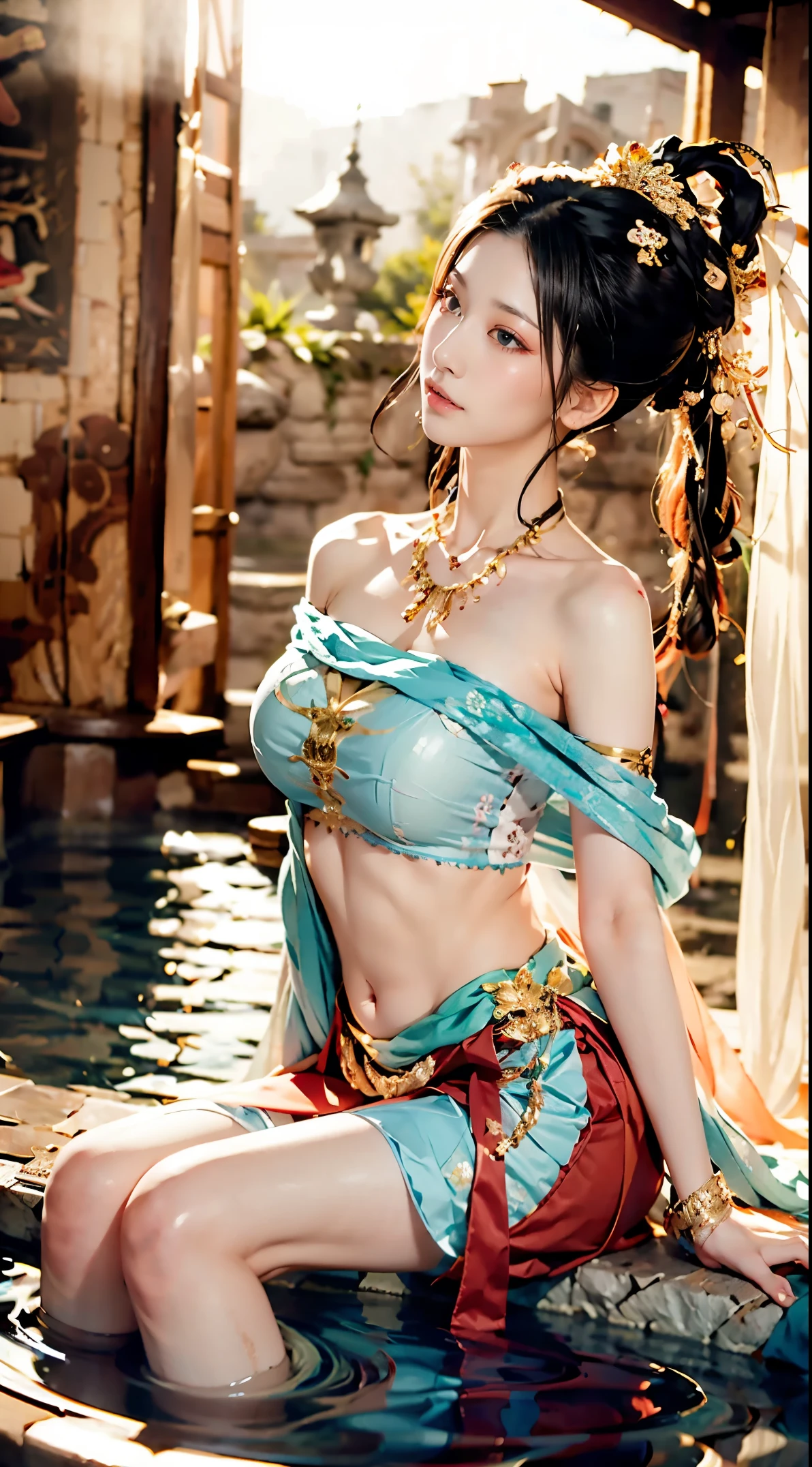 8k,best quality,Work,Very detailed,ultra high definition,feels,beautiful wallpaper,best masterpiece,Tyndall effect,Reality,Highest rendering,extremely beautiful face,ultra high definition晰度,exquisite facial expressions,Detailed description of face,Delicate hair features,look up,hair past shoulders,best quality,extremely high resolution。The heroine is sitting on her knees in the antique hot spring pool,take off shoulders,clavicle,White bellyband,belly button,mini skirt,Slender jade legs,grapefruit model: Character 2, CFG scale: 7, Hire high-end talents: 1.5