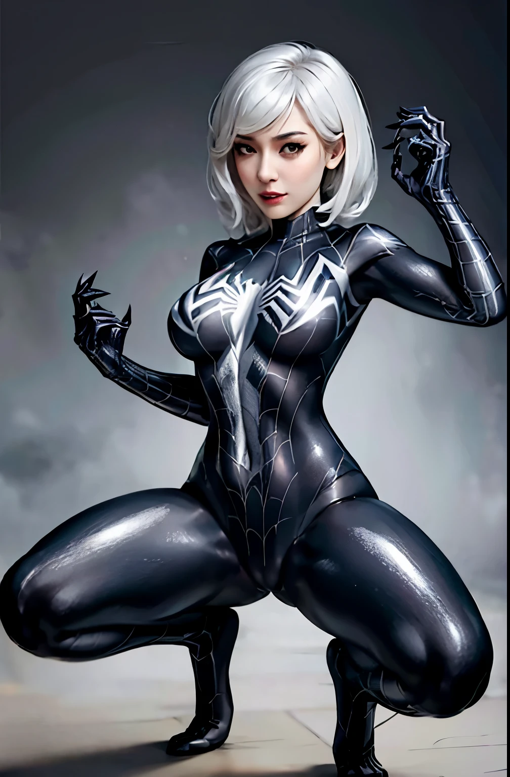 4K，realistically，charming，very detailed，There a girl in Dingcheng，She Spider-Gwen, Gwen Venom symbiont Costume, organic outfit, Sweat, Wearing black Spider-Man costume，（black and white：1.4） night,symbiont，poison，lots of mucus,she spiderman，Black superhero theme，in front of the sky，Flushed face，( ， camel toe，， vulva shape：1.3）,(GGcamel toe:1.3)legs apart，25 years old，full body lesbian