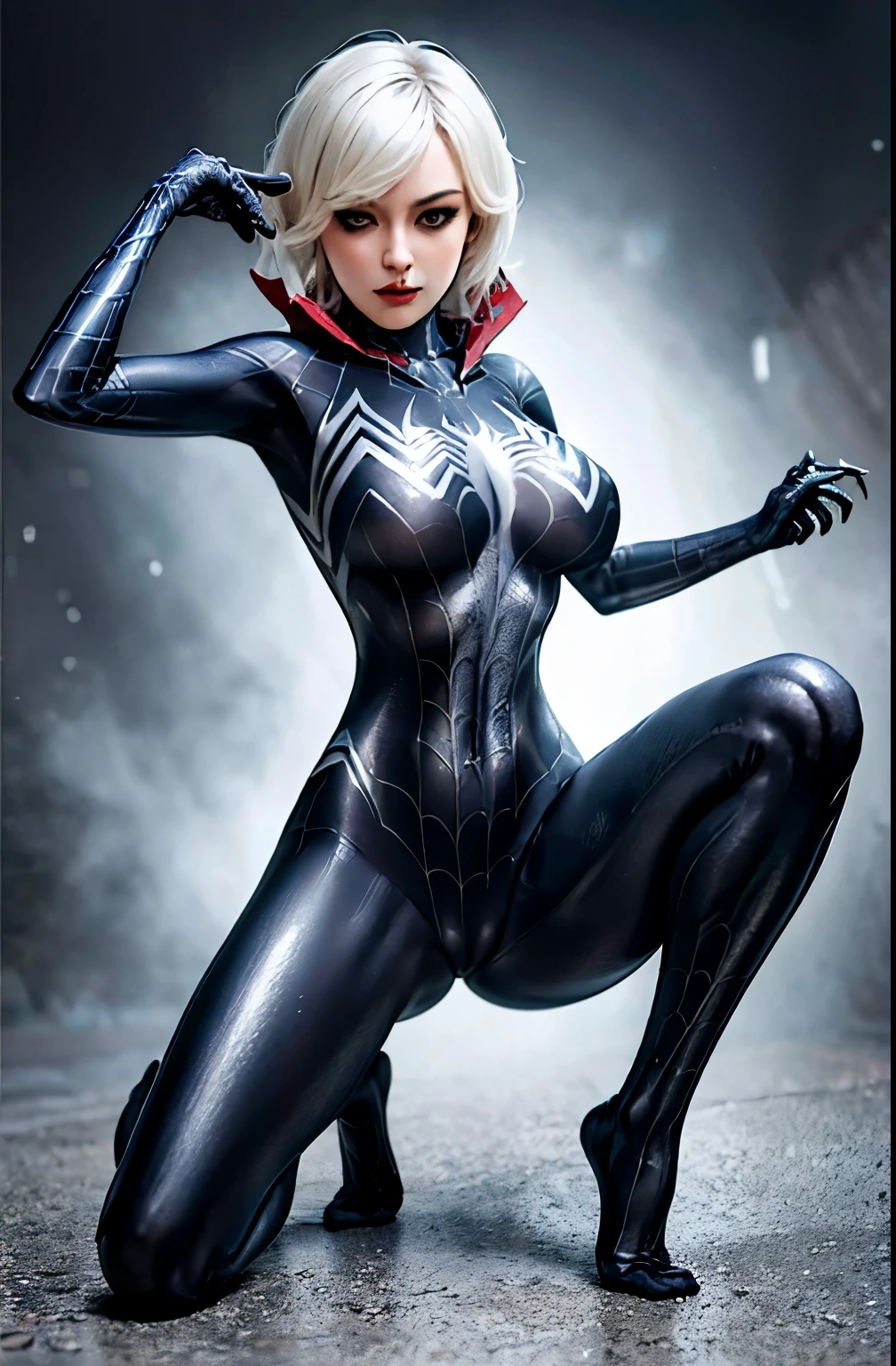 4K,realistically,charming,very detailed,There a girl in Dingcheng,She Spider-Gwen, Gwen Venom symbiont Costume, organic outfit, Sweat, Wearing black Spider-Man costume,(black and white:1.4) night,symbiont,poison,lots of mucus,she spiderman,Black superhero theme,in front of the sky,Flushed face,( , camel toe,, vulva shape:1.3),(GGcamel toe:1.3)legs apart,25 years old,full body lesbian