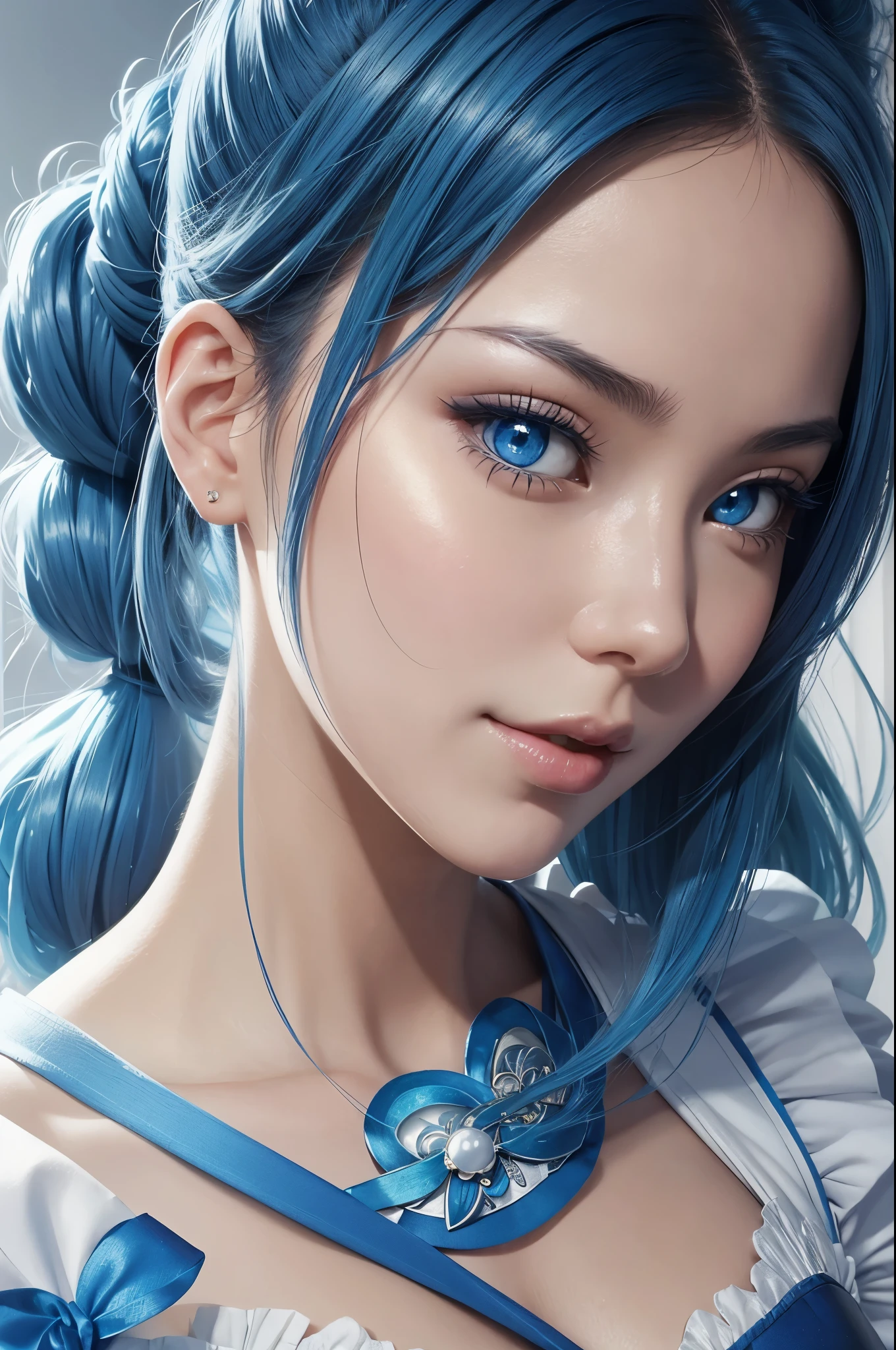 8K,Close up portrait of woman in blue and white dress,blue hair, Super beautiful,(Like the real thing)blue eyes,ponytail,Chenwei Pan On Art Station、 By Jan J.、 detailed fantasy art、great character art、 fan art best art station、 amazing exquisite character art、highly detailed art germ、 Detailed Digital Animation Art、 ArtStation Pixiv の Artgerm、 girl wearing blue and white clothes,dynamic angle,Super high resolution,laughter,skin that looks real,attractive,Sexy,Active,