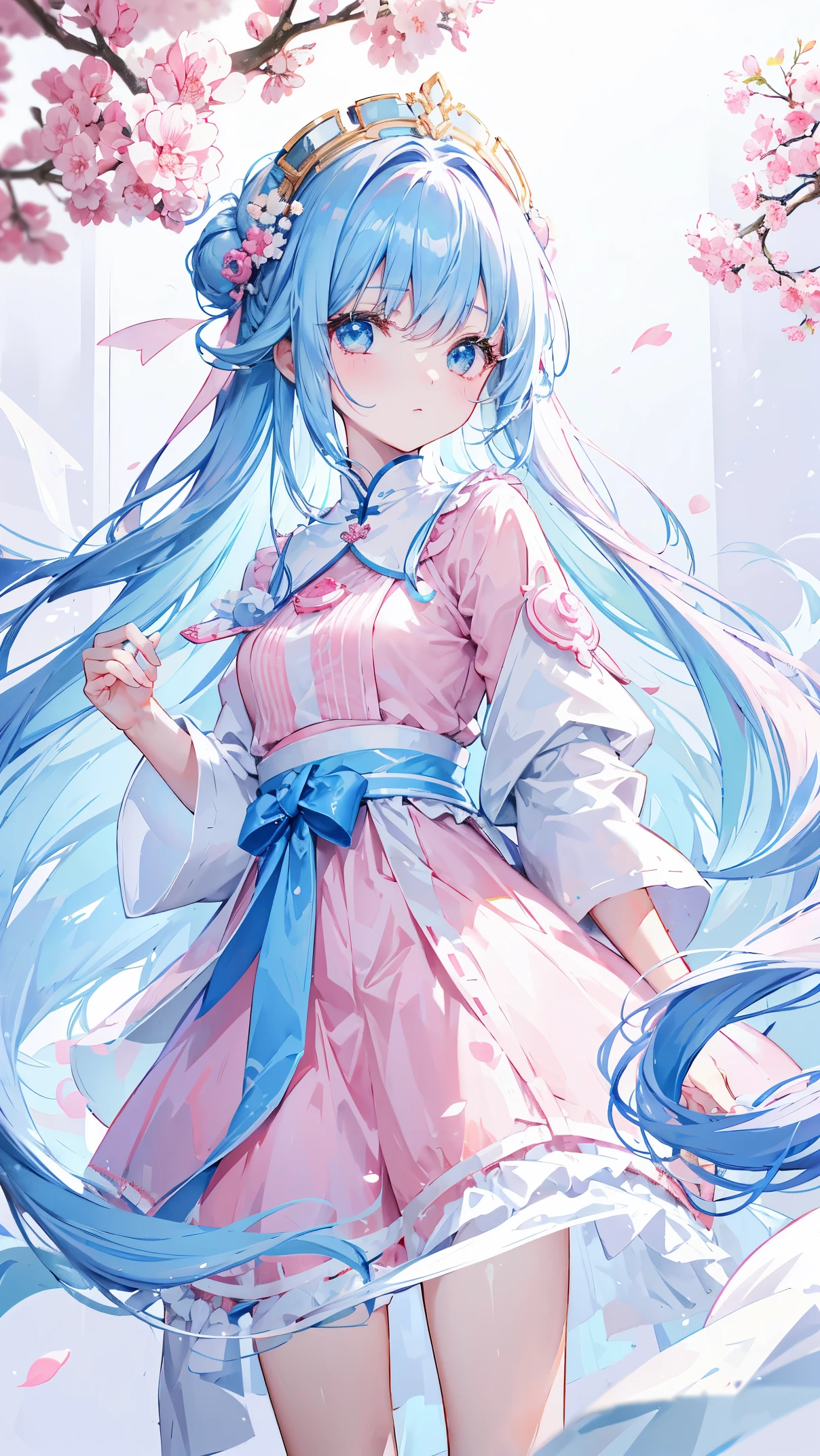 Light pink and white long hair,blue, White and pink clothes,She is a cute and lovely girl,Transfer to senior sister,Looks very light and gentle,wear