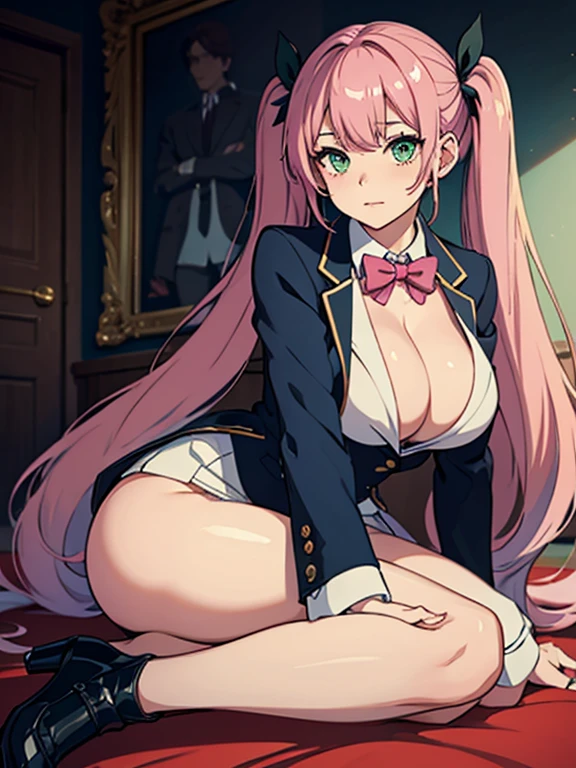 ((highest quality)), ((masterpiece)), (become familiar with), ((Woman in Blazer)),((big breasts)),((pink hair)),(long hair),((twin tails)),(green eyes),