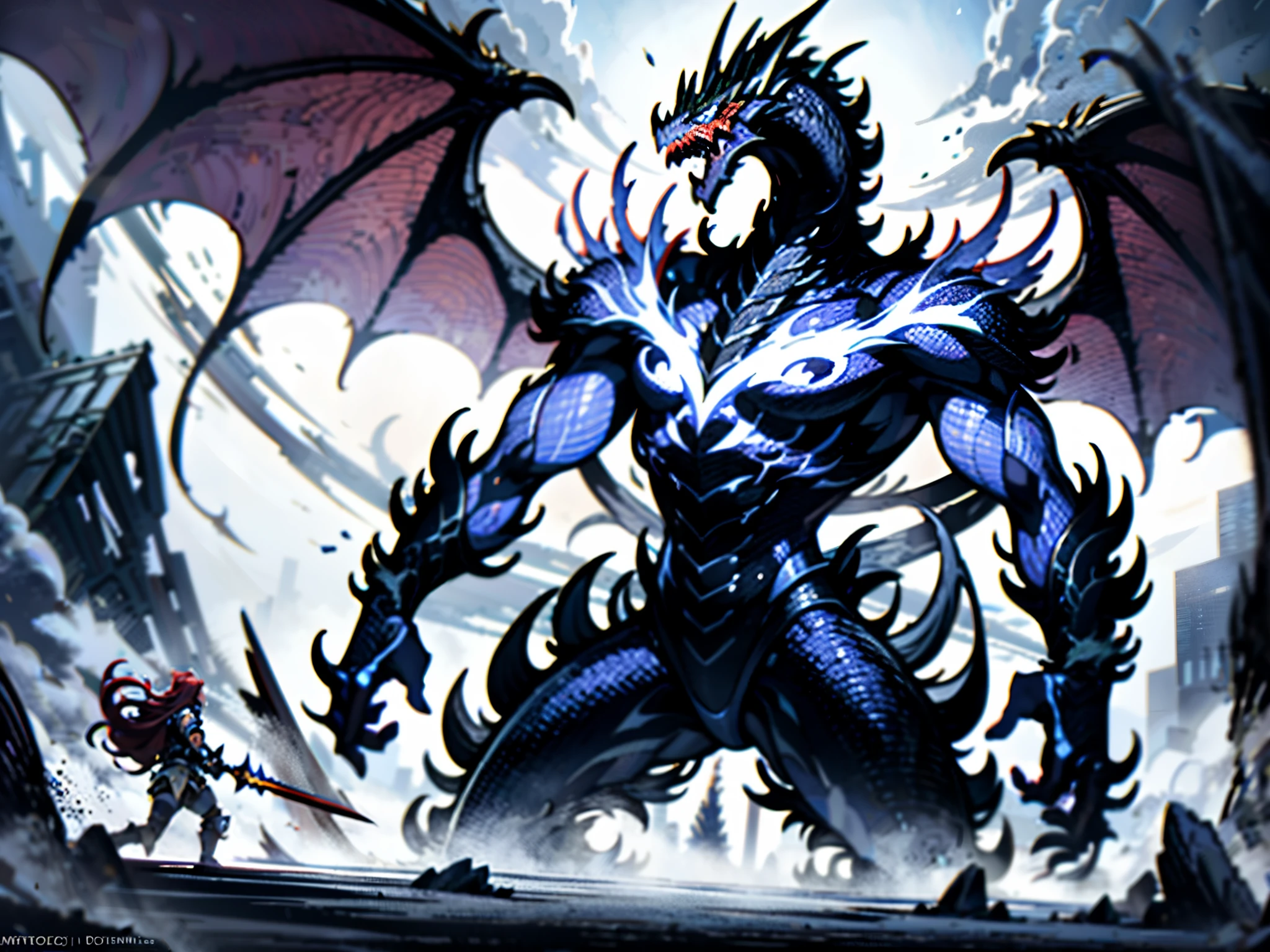 epic confrontation between an adventurer adorned in blue and silver lightweight armor wielding a magnificent radiant sword emitting indigo hues, and a colossal evil black dragon, The adventurer stands firm, facing the immense threat as the sky is shrouded in a dark mist, and the landscape of forests and cities crumbles under the destructive energy emanating from the dragon, Dramatic low-angle shot capturing the adventurer in heroic stance against the towering black dragon, emphasizing the scale and intensity of the battle, high definition, best quality, highres, ultra-detailed, ultra-fine painting, extremely delicate, professional, anatomically correct, creativity, RAW photo, UHD, HDR, 32k, Natural light, cinematic lighting, masterpiece-anatomy-perfect, masterpiece:1.5