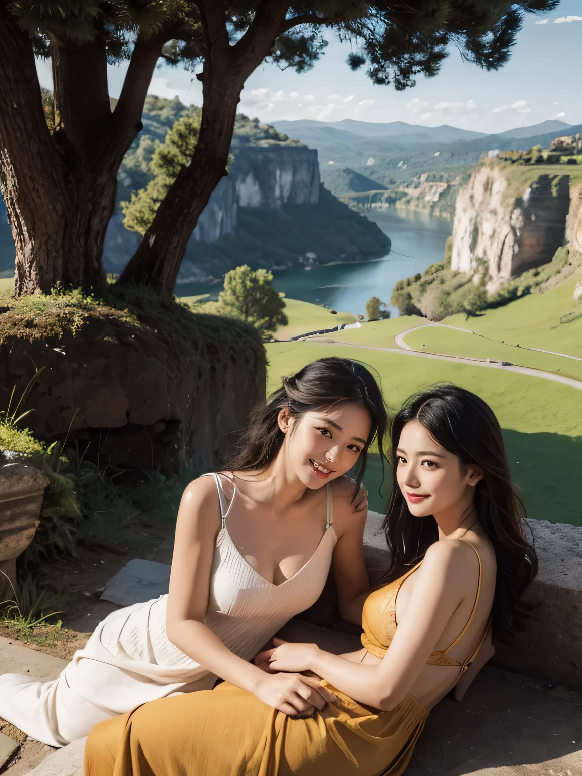 Ancient Roman ruins,Poussin-style landscape,A smile,,Sweet and seductive appearance.、Caravaggio's paintings、Chiaroscuro of Caravaggio、Hair disheveled in the wind,Two women frolicking,Cute smile, Expression of ecstasy,A sexy,Erotic