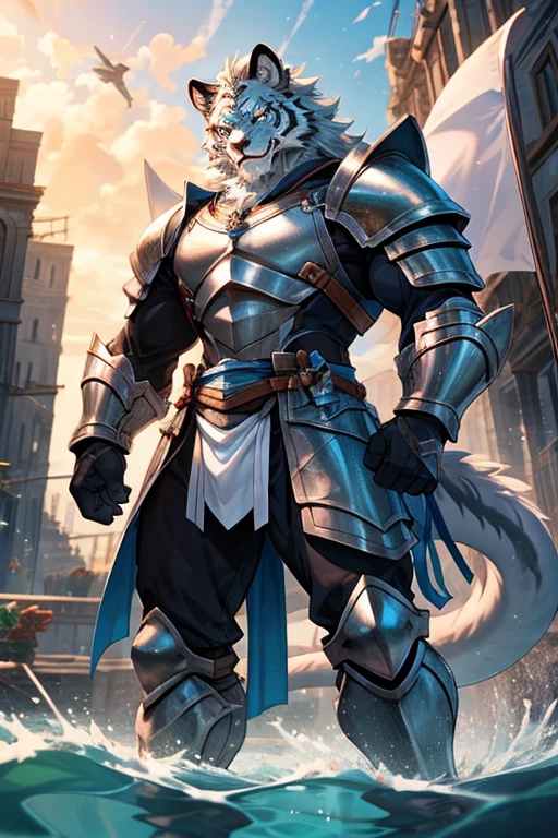 An image of a gray wolf hybrid kemono boy, zorro gris de 9 colas, white lion, white tiger and cyan aquatic dragon with an entire well-formed musculature, trabajados, tonificados, esculpida y robusta, who is 19 years old and wearing knight armor without the helmet.