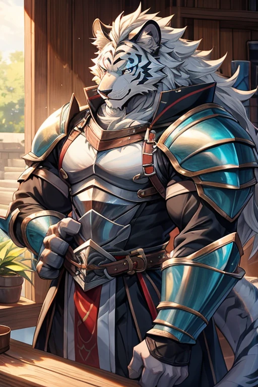 An image of a gray wolf hybrid kemono boy, zorro gris de 9 colas, white lion, white tiger and cyan aquatic dragon with an entire well-formed musculature, trabajados, tonificados, esculpida y robusta, who is 19 years old and wearing knight armor without the helmet.