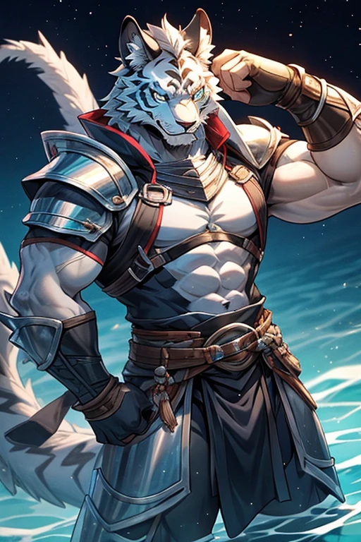 An image of a gray wolf hybrid kemono boy, zorro gris de 9 colas, white lion, white tiger and cyan aquatic dragon with an entire well-formed musculature, trabajados, tonificados, esculpida y robusta, who is 19 years old and wearing knight armor without the helmet.