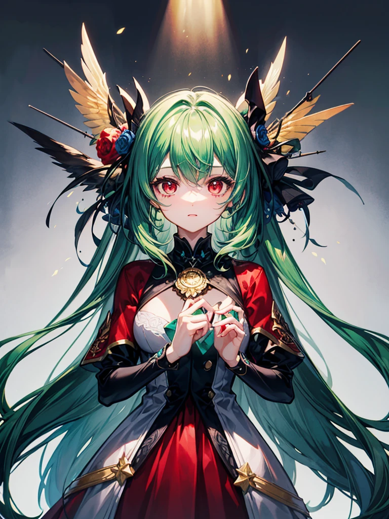 (((masterpiece、Highest image quality、highest quality、highly detailed unity 8kwallpaper)))、((Illustration of one girl))、(((beautiful girl)))、(Emerald green hair、sidelocks:1.2、red eyes)、(((Men)))、tall