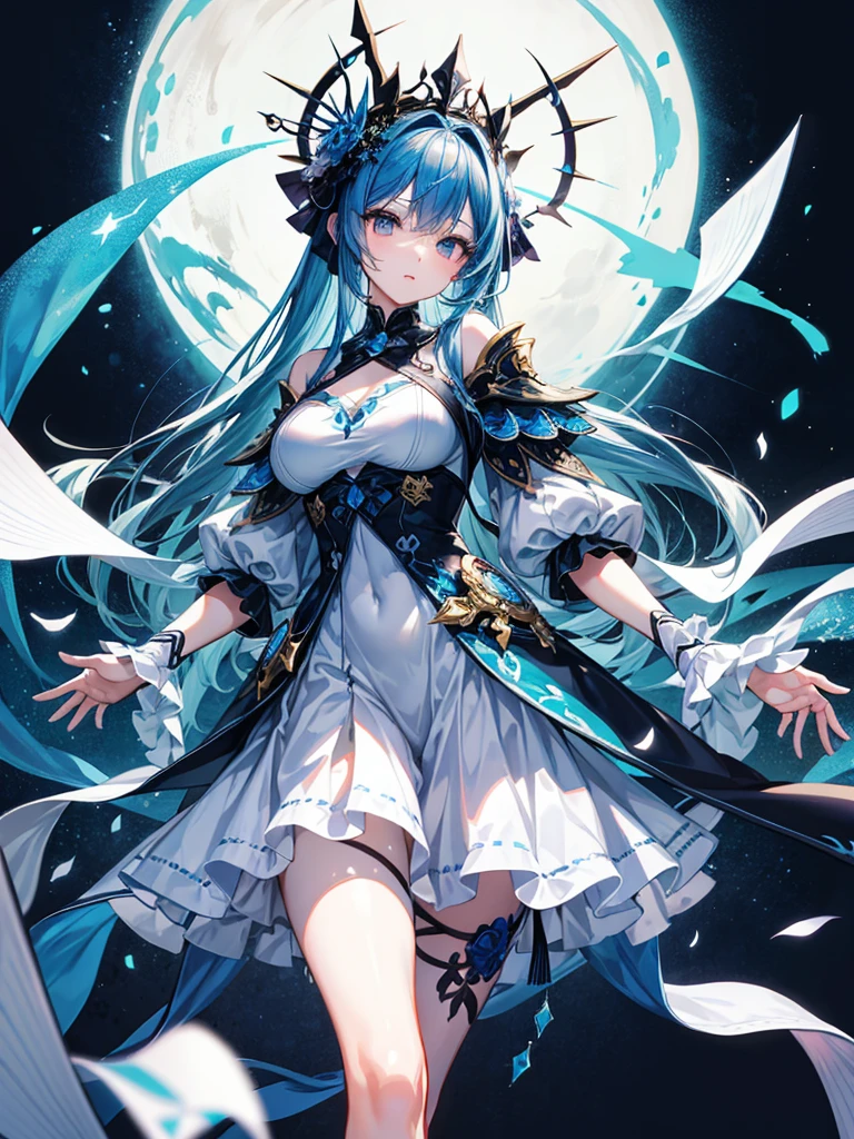 (((masterpiece、Highest image quality、highest quality、highly detailed unity 8kwallpaper)))、((Illustration of one girl))、(((beautiful girl)))、blue hair、white clothes