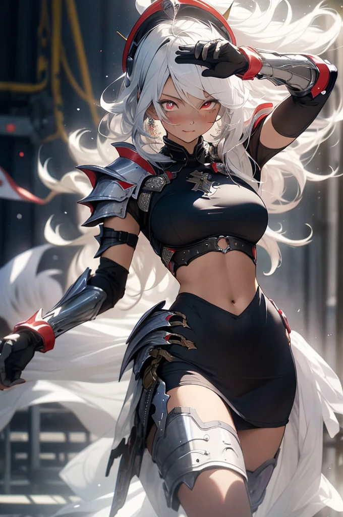 make it realistic,(masterpiece,highest quality,highest quality,very detailed,fractal art,most detailed,(The background is a fashion show:1.5)(1 girl),Kamimei,(hair length),(Shining red eyes and beautiful white hair、big breasts,trained abdominal muscles),crystallization,high leotard,sexy,Mechanical Armor、69,sitting on face,handjob,from sid、panty shot、spread your legs、Blake、(black pencil skirt)