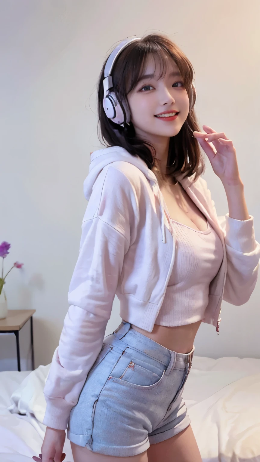 Highest image quality、Live shooting、ultra high resolution、21 year old Korean、small breasts、dynamic angle、cowboy shot、the most beautiful form chaos、elegant、brutalist design、vivid colors、beautiful white hair、short bob、smile、smile、shiny white skin、Beautiful eyes with random colors、Beautiful eyes in every detail、elongated eyes、thin lips、pale pink blush、long eyelashes、beautiful double eyelids、eye shadow、bright room、、Big hoodie、hot pants、headphone、shot from the side、sexy pose