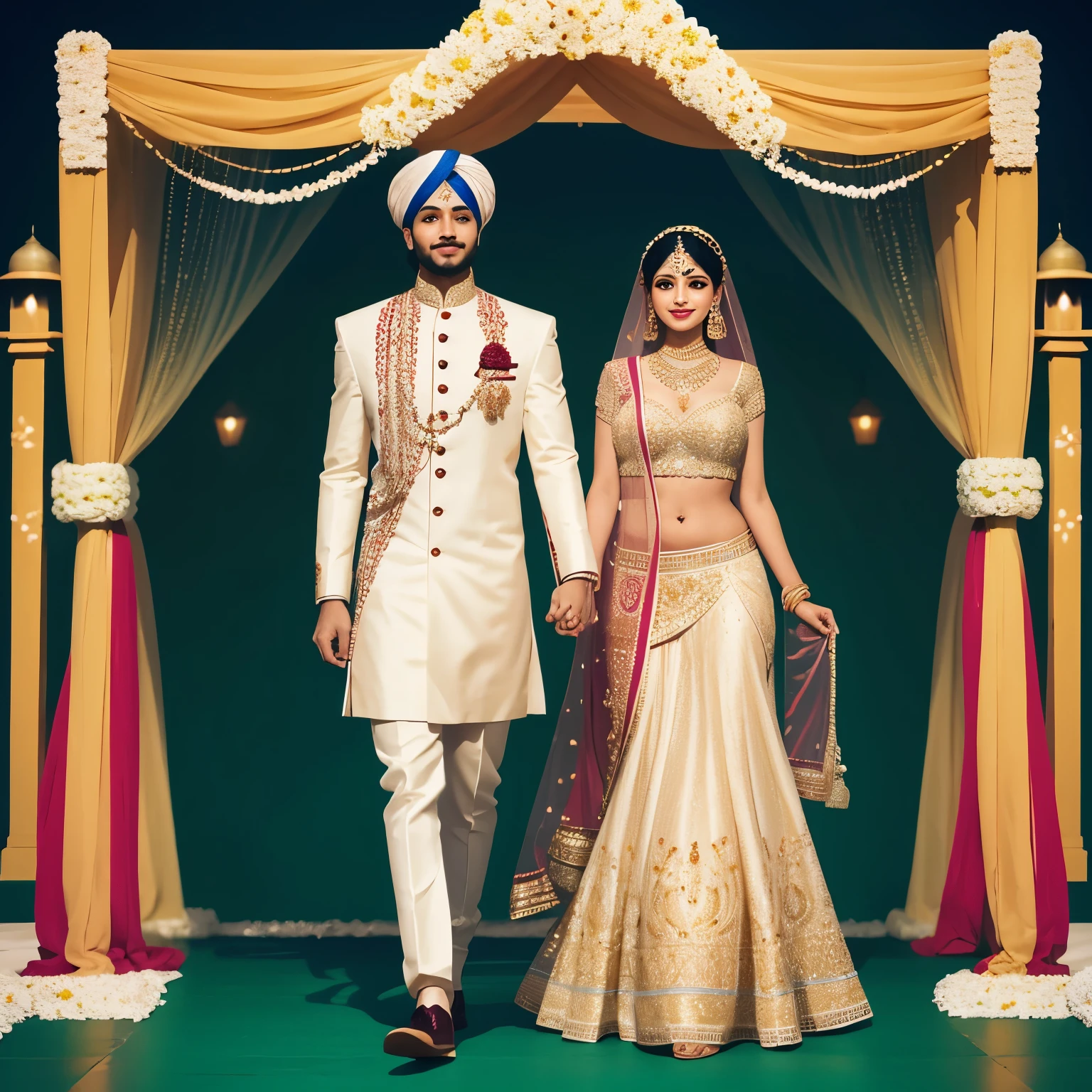 Indian wedding couple, haldi, aesthetic, udaipur, royal, Indian, Mahal, cartoon, caricature, vector, full body