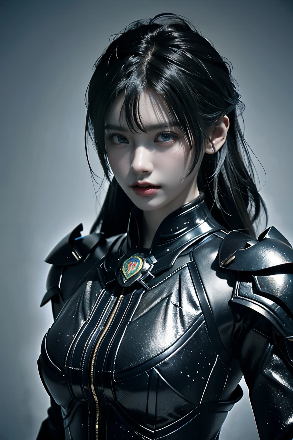 Game art,The best picture quality,Highest resolution,8K,((A bust photograph)),((Portrait)),(Rule of thirds),Unreal Engine 5 rendering works, (The Girl of the Future),(Female Warrior), 22岁少女,(Female hackers),(Ancient Oriental hairstyle),(A beautiful eye full of detail),(Big breasts),(Eye shadow),优雅迷人,冷漠,((Frown)),(Battle wear full of futuristic tech,Clothing combines futuristic power armor and police uniforms,The garments are adorned with glittering patterns and badges),赛博朋克人物,未来风格, 拍照姿势,城市背景,Movie lights,Ray tracing,Game CG,((3D Unreal Engine)),oc渲染反射纹
