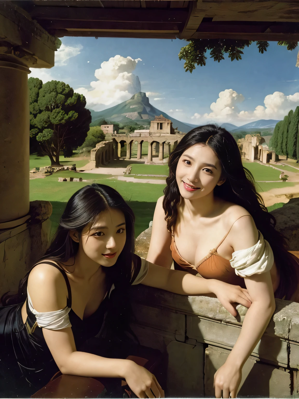 Ancient Roman ruins,Poussin-style landscape,A smile,,Sweet and seductive appearance.、Caravaggio's paintings、Chiaroscuro of Caravaggio、Hair disheveled in the wind,Two women frolicking,Cute smile, Expression of ,A sexy,Erc