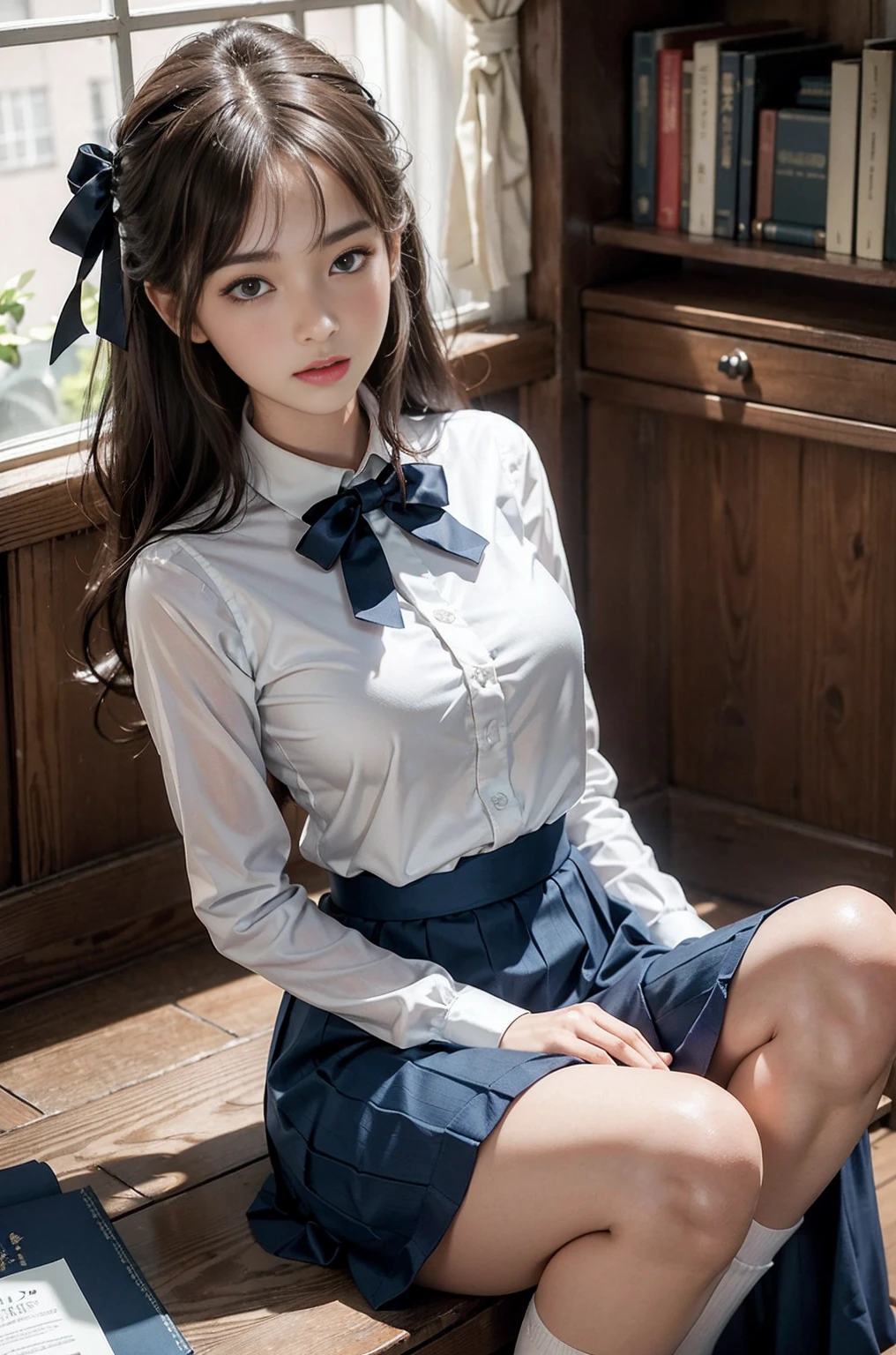 20 year old woman, (high top faded: 1.3), (low(low)), (soft focus), HD, masterpiece, HD, HD, 4K, 超HD, Very realistic shadows, Surrealism, 戏剧性的lamp光, a girl, alone, Detailed face, lifelike眼睛, lifelike皮肤, dynamic hair, dynamic poses, dynamic angle, (White shirt), (dark blue bow tie) , (((Dark blue long skirt)))), ((white hem socks))), library background, (original photo: 1.2), (lifelike: 1.4), beautiful and delicate woman, Extremely detailed eyes and face, beautiful and delicate eyes, Larger file size, 一个Very detailed的, high resolution, Very detailed, best quality, (bright interior), (soft light), (low对比度), ( see deeply), (Portrait of a beautiful woman illuminated by soft light), (Very delicate and elegant depiction), (short bangs), (Head color is dark chestnut,Slightly brownish), (Subtle and silky waves), (long hair两侧错综复杂地编织小辫子), ((white hem socks))), illustration, Very detailed, BAPV, Unite, 8k wallpaper, Astonishing, Exquisite details, best quality, Highly detailed integrated 8K wallpapers so far this year, Coordinating Minister, lamp, 1 girl, 25 years old, (((No)), (camel toe), (half), (Sit on bent knees and legs)), long hair, dark theme, soothing tone, pastel colors, high contrast, (natural skin texture, Surrealism, soft light, No耐烦), Capturing the serene beauty of a young woman immersed in the peaceful atmosphere of a library.. Soft diffused light gently illuminates her features., It emphasizes her sophisticated look and creates a calm atmosphere. Library shelves filled with books,Provide background on knowledge and wisdom. It focuses on capturing models'Natural charm and elegance, Stay calm and consider the nature of the moment. Cute 21 year old Japanese gravure model,Soft body, gray brown wavy hair, Decorate with ribbon, charming appearance. She wears a frilly white blouse, Blue ruffled skirt and white ruffled socks. sitting on bed, She hugged her knees,Staring at the camera, Exudes melancholy charm. Create scenes where beauty and ephemerality intertwine, national foundation