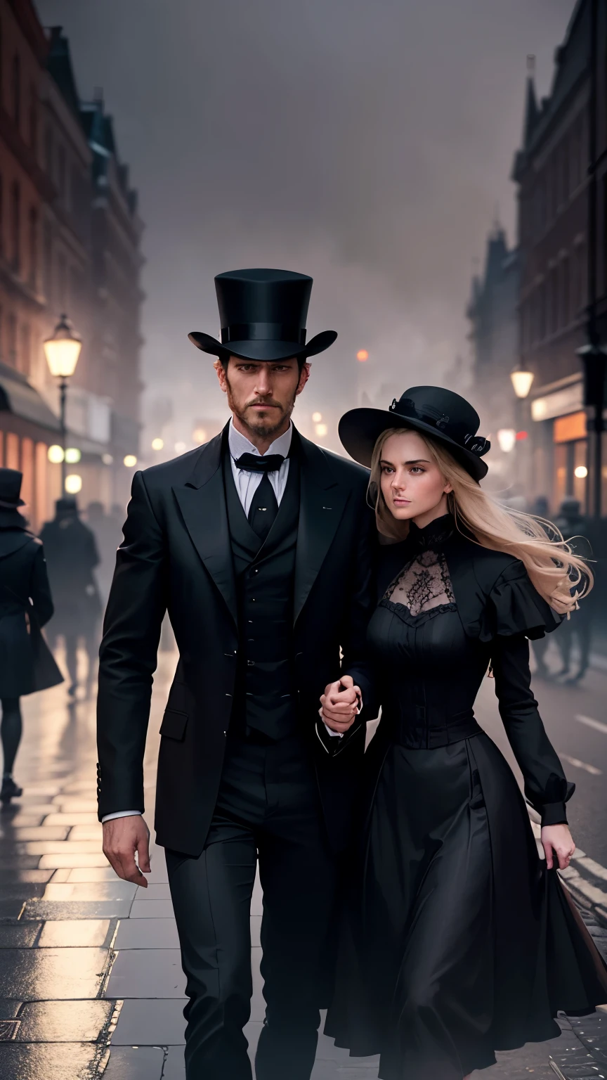 There is fog on the street at night in London, England in the 19th century, and a man and a woman are walking holding hands. The woman's expression looks anxious. The two people are wearing black clothes and the man is wearing a hat. The man doesn't look in a good mood. Men are taller than women.