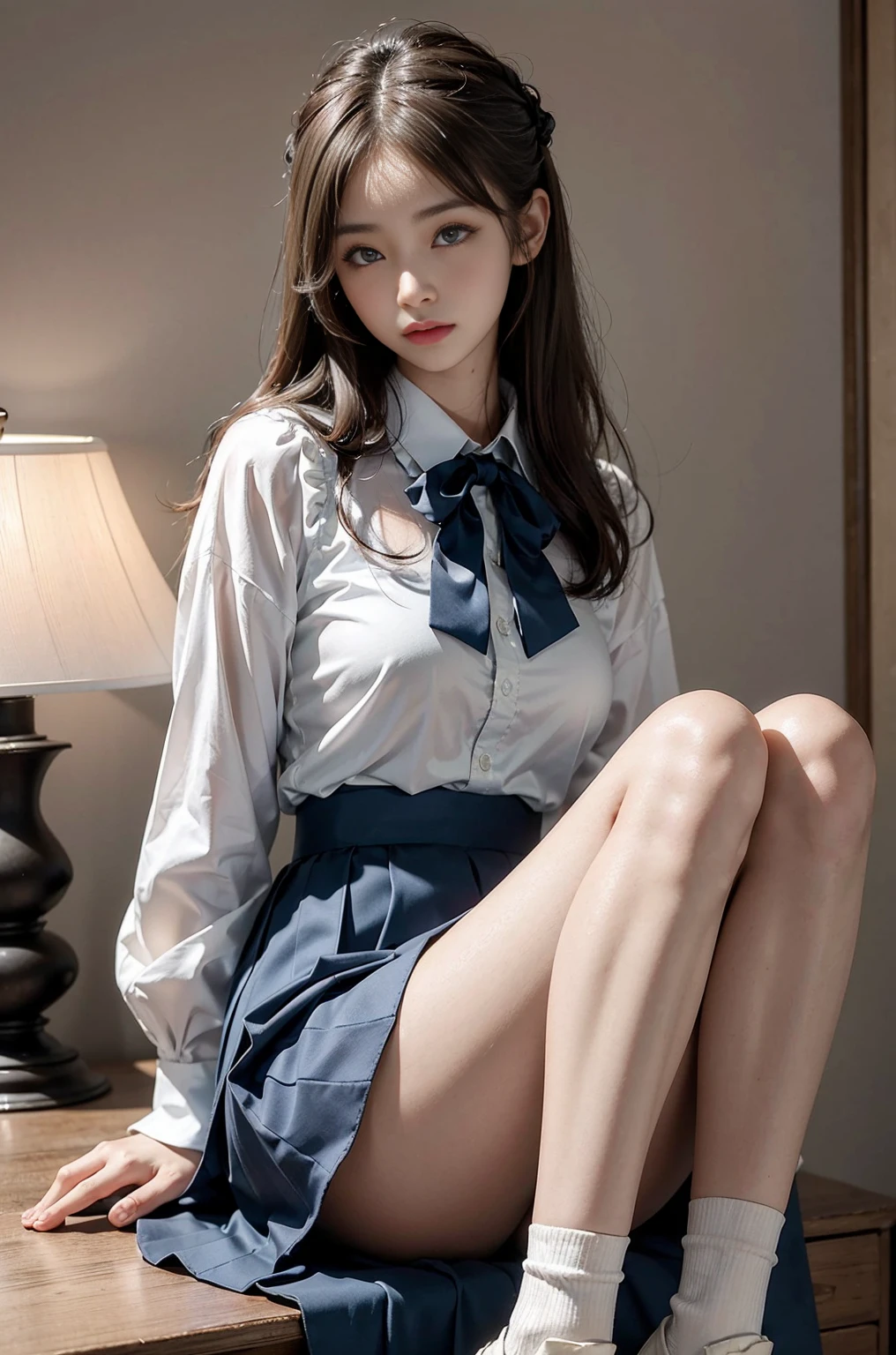 20 year old woman, (high top faded: 1.3), (low(low)), (soft focus), HD, masterpiece, HD, HD, 4K, 超HD, Very realistic shadows, Surrealism, 戏剧性的lamp光, a girl, alone, Detailed face, lifelike眼睛, lifelike皮肤, dynamic hair, dynamic poses, dynamic angle, (White shirt), (dark blue bow tie) , (((Dark blue long skirt)))), ((white hem socks))), library background, (original photo: 1.2), (lifelike: 1.4), beautiful and delicate woman, Extremely detailed eyes and face, beautiful and delicate eyes, Larger file size, 一个Very detailed的, high resolution, Very detailed, best quality, (bright interior), (soft light), (low对比度), ( see deeply), (Portrait of a beautiful woman illuminated by soft light), (Very delicate and elegant depiction), (short bangs), (Head color is dark chestnut,Slightly brownish), (Subtle and silky waves), (long hair两侧错综复杂地编织小辫子), ((white hem socks))), illustration, Very detailed, BAPV, Unite, 8k wallpaper, Astonishing, Exquisite details, best quality, Highly detailed integrated 8K wallpapers so far this year, Coordinating Minister, lamp, 1 girl, 25 years old, (((No)), (camel toe), (half), (Sit on bent knees and legs)), long hair, dark theme, soothing tone, pastel colors, high contrast, (natural skin texture, Surrealism, soft light, No耐烦), Capturing the serene beauty of a young woman immersed in the peaceful atmosphere of a library.. Soft diffused light gently illuminates her features., It emphasizes her sophisticated look and creates a calm atmosphere. Library shelves filled with books,Provide background on knowledge and wisdom. It focuses on capturing models'Natural charm and elegance, Stay calm and consider the nature of the moment. Cute 21 year old Japanese gravure model,Soft body, gray brown wavy hair, Decorate with ribbon, charming appearance. She wears a frilly white blouse, Blue ruffled skirt and white ruffled socks. sitting on bed, She hugged her knees,Staring at the camera, Exudes melancholy charm. Create scenes where beauty and ephemerality intertwine, national foundation