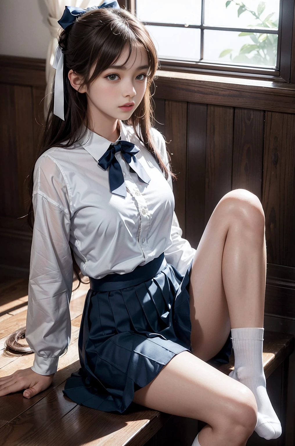time々Arya next to me is whispering in Russian.、Russian women、high school girl、Sailor suit、mini skirt、Knee-high socks、Silver Hair、In the back of a Japanese high school classroom、Please sit down、smile
