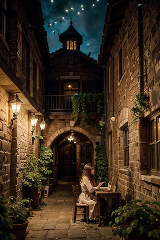 An enchanting night cafe nestled in an alley of an ancient European city, aged brick walls covered in ivy, vintage lampposts casting gentle light, a solitary musician playing a haunting melody, capturing the timeless charm of the scene, Painting, watercolor on textured paper, --ar 9:16 --v 5