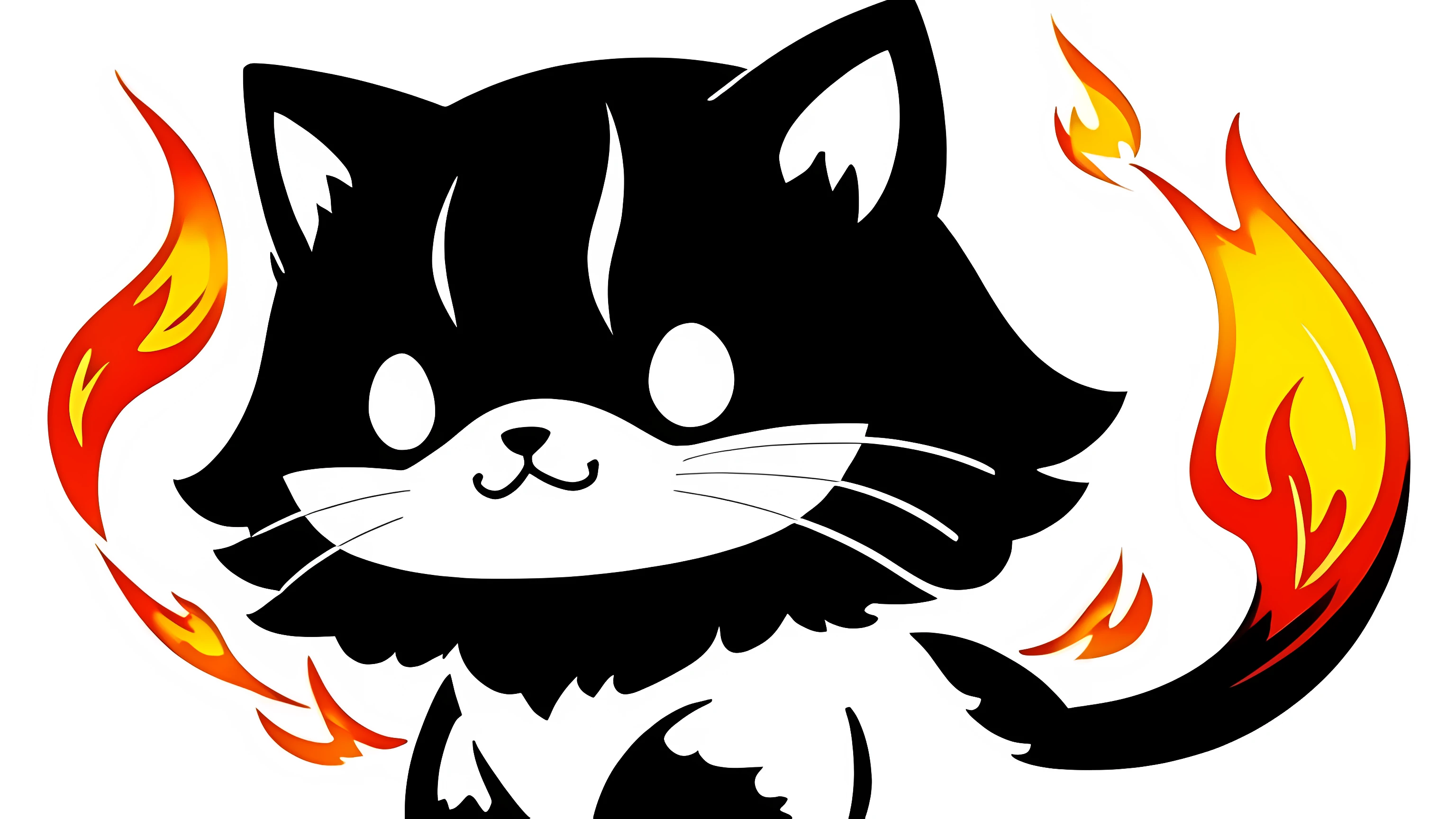 monochrome, line drawing,The main character&#39;s eyes are shining、Cat character bursting with flames.., Cute and pop style, Increase expressiveness with multiple exposures and multiple layers, Create an epic dark fantasy atmosphere, Amazingly awesome、gel ink illustration, Captures all the complexity of a wolf pup&#39;fur, The truth of light and shadow, Additional beautiful flame glow explosion elements, Brush strokes add depth and power to your illustrations, Mysterious charm will draw you in even more., sharp, clear, negative space flower, (((emphasize the real flame:1.3))),elation、line drawing、