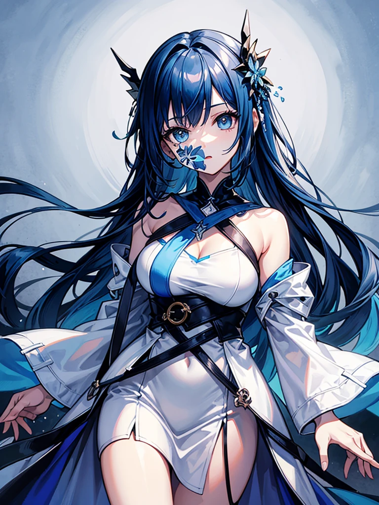 illustration, ultra-detailed, best quality, masterpiece, beautiful detailed sky, standing,1girl,seele, 1girl, solo, hair ornament, white background, dress, looking at viewer, blue eyes, flower, hair flower, breasts, bare shoulders, upper body, bangackground, long hair, white dress, black hair, closed mouth, multicolored hair, collarbone, hair between eyes, blue flower, blush, sleeveless, sleeveless dress, halterneck, armpits, cleavage, medium breasts, blue hair, detached sleeves