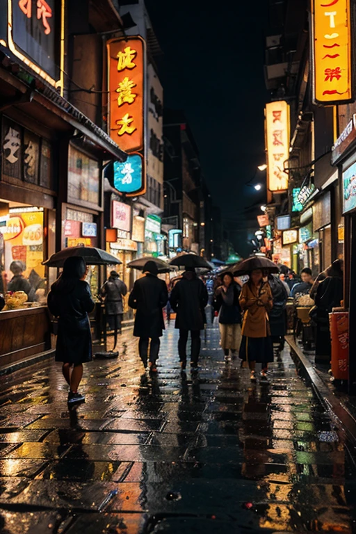 A vibrant night cafe situated along a bustling Asian street, neon signs reflecting on wet pavement after a light rain, people enjoying steaming bowls of noodles under colorful umbrellas, capturing the fusion of modernity and tradition, 3D rendering, using Blender with realistic lighting and textures, --ar 16:9 --v 5