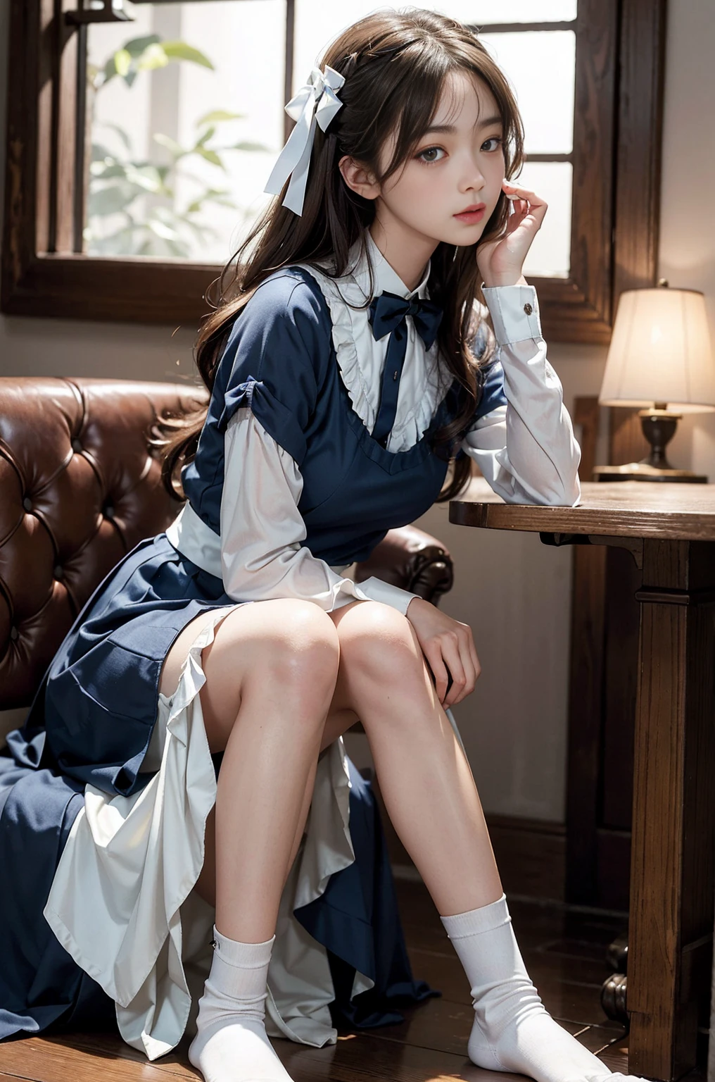 20 year old woman, (high top faded: 1.3), (low(low)), (soft focus), HD, masterpiece, HD, HD, 4K, 超HD, Very realistic shadows, Surrealism, 戏剧性的lamp光, a girl, alone, Detailed face, lifelike眼睛, lifelike皮肤, dynamic hair, dynamic poses, dynamic angle, (White shirt), (dark blue bow tie) , (((Dark blue long skirt)))), ((white hem socks))), library background, (original photo: 1.2), (lifelike: 1.4), beautiful and delicate woman, Extremely detailed eyes and face, beautiful and delicate eyes, File size is large, 一个Very detailed的, high resolution, Very detailed, best quality, (bright interior), (soft light), (low对比度), ( see deeply), (Portrait of a beautiful woman illuminated by soft light), (Very delicate and elegant depiction), (short bangs), (Head color dark chestnut,Slightly brownish), (Subtle and silky waves), (long hair两侧错综复杂地编织小辫子), ((white hem socks))), illustration, Very detailed, BAPV, Unite, 8k wallpaper, Astonishing, Exquisite details, best quality, Highly detailed integrated 8K wallpapers so far this year, Coordinating Minister, lamp, 1 girl, 25 years old, (((No)), (camel toe), (half), (Sit on bent knees and legs)), long hair, dark theme, soothing tone, pastel colors, high contrast, (natural skin texture, Surrealism, soft light, No耐烦), Capturing the serene beauty of a young woman immersed in the peaceful atmosphere of a library.. Soft diffused light gently illuminates her features., It emphasizes her sophisticated look and creates a calm atmosphere. Library shelves filled with books,Provide background on knowledge and wisdom. It focuses on capturing models'Natural charm and elegance, Stay calm and consider the nature of the moment. Cute 21 year old Japanese gravure model,Soft body, gray brown wavy hair, Decorate with ribbon, charming appearance. She wears a frilly white blouse, Blue ruffled skirt and white ruffled socks. sitting on bed, She hugged her knees,Staring at the camera, Exudes melancholy charm. Create scenes where beauty and ephemerality intertwine, national foundation