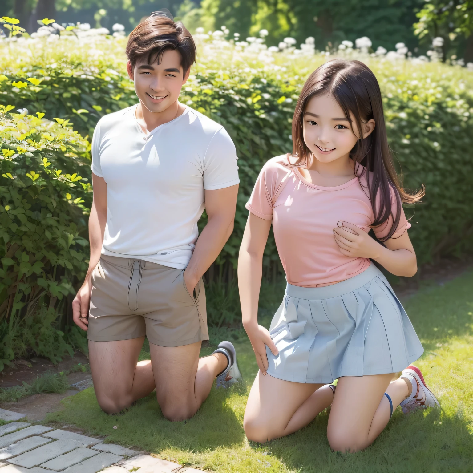 beautiful illustrations、highest quality、ultra high resolution、Professional specifications、 ((((An adult man wearing shorts and standing with his crotch sticking out))))、garden、(((look at the camera)))、smile、((((Young girl kneeling in a skirt))))