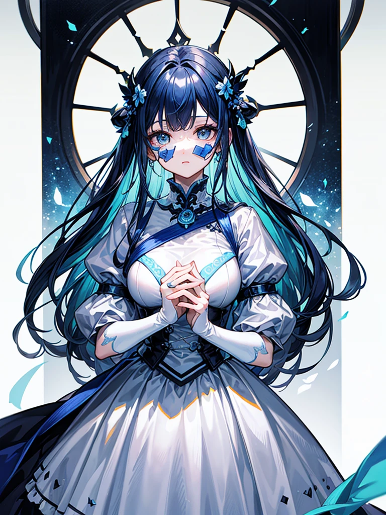 (((masterpiece、Highest image quality、highest quality、highly detailed unity 8kwallpaper)))、((Illustration of one girl))、(((beautiful girl)))、blue hair、white clothes