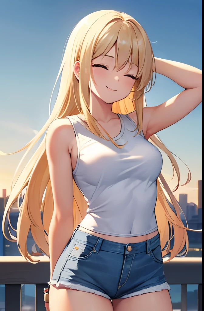 20 years old women,blonde staright long hair,closed eyes,(happy:1.4),medium breasts,white sleeveless shirt,denim shorts,arms behind back,contrapposto,city,clear sky,(cowboy shot:1.2)