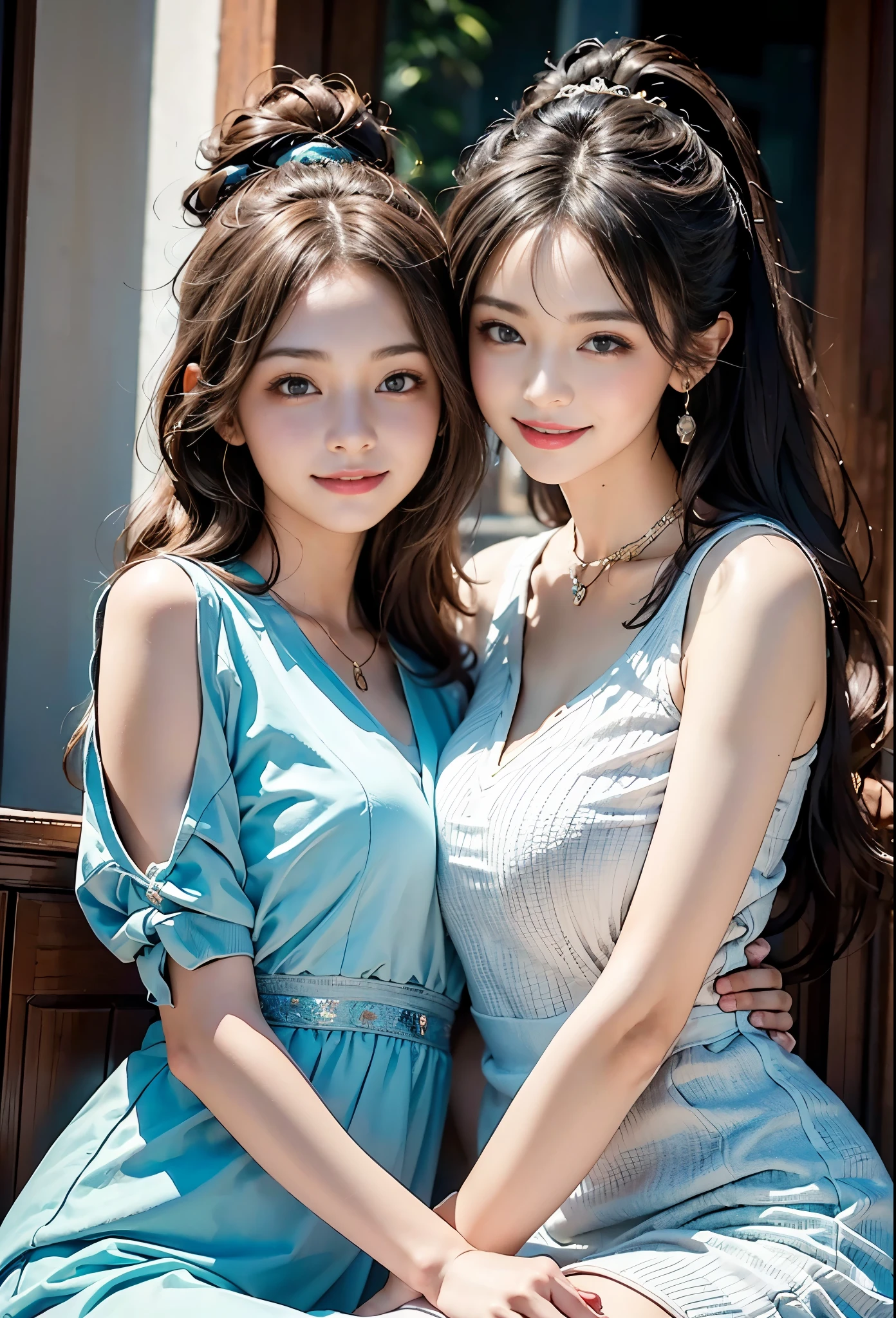 best quality,masterpiece,ultra high resolution,(fidelity:1.4),original photo,Smile,2 girls,25-year-old woman and 8--old l,ladies and little mother and daughter,,charming,