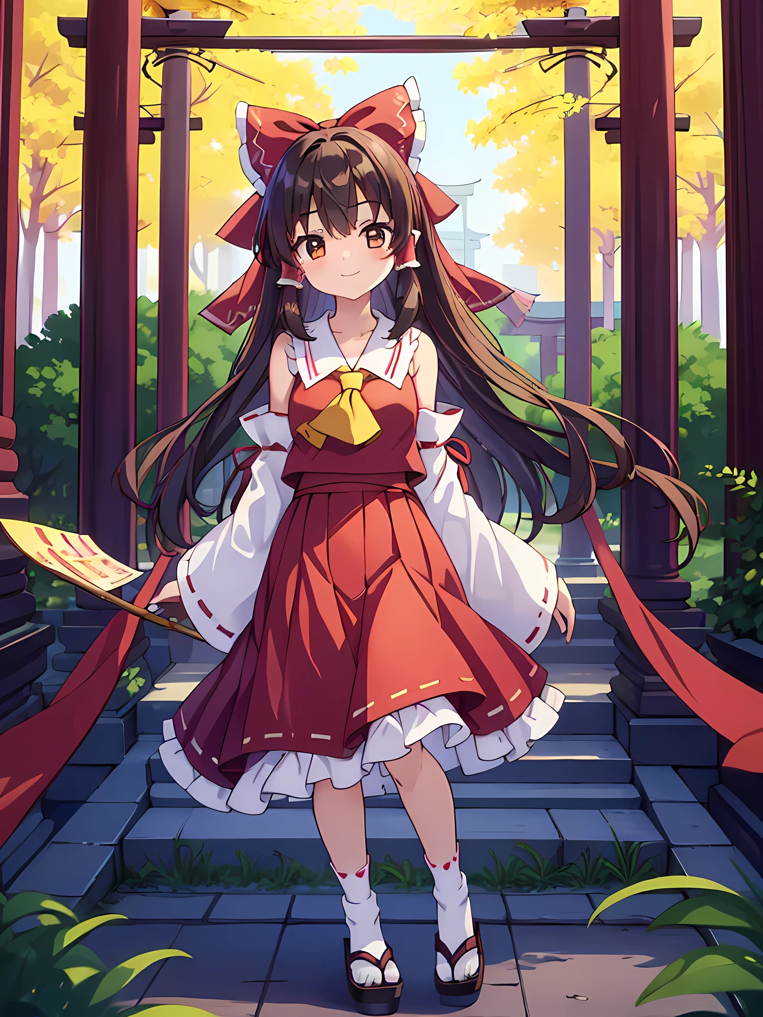 1 girl, alone, smile, torii, Black floor, wood, null, looking at the viewer, reimu hakurei, brown hair, long hair, hair ribbon, hair tube, red bow, removed sleeve, ofuda, yellow ascot, ribbon trim sleeves, wide sleeve, non-traditional shrine maiden, frills, bare shoulders, Tabi Socks, sandals, masterpiece, highest quality,