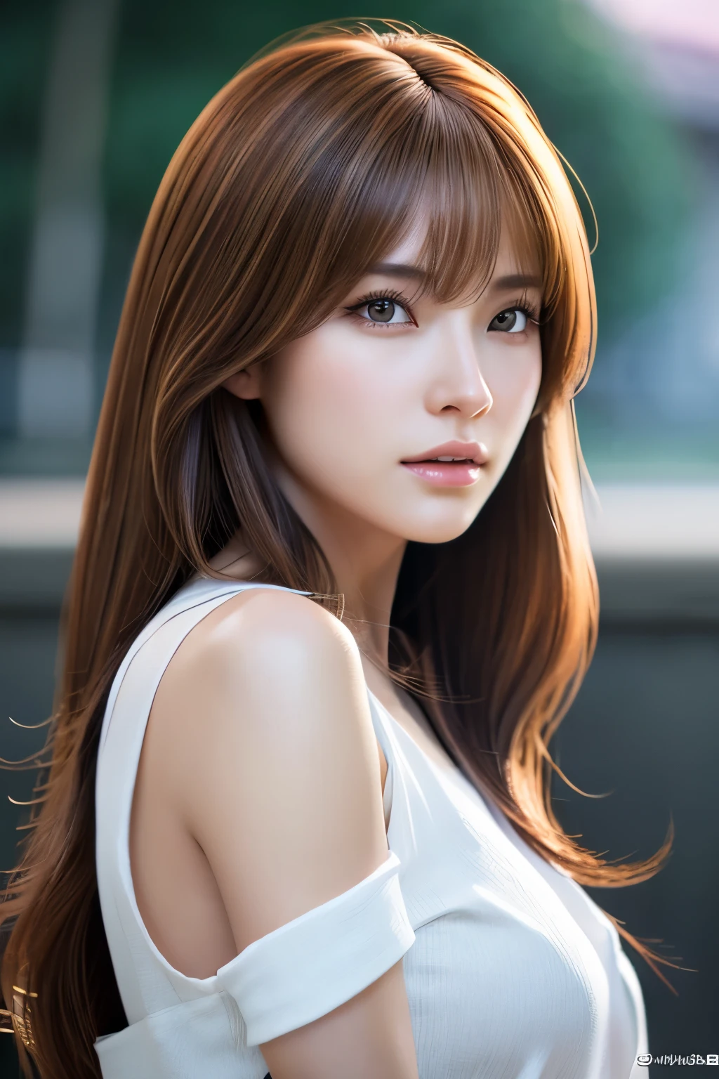 Close-up of a woman with beautiful hair wearing a white camisole, Photorealistic anime rendering of a 30 year old Japanese woman, photorealistic anime, Realistic anime 3D style, realistic 3d animation, hyper realistic anime, realistic anime art style, anime realism style, Smooth anime CG art, 8K portrait rendering, [ 4k photorealism ]!!, [ 4k photorealism ]!!!