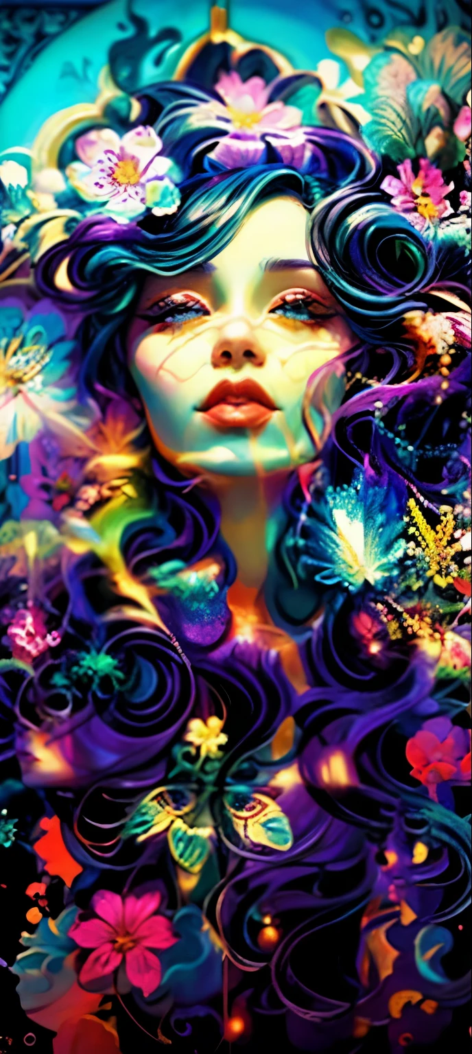 uma pintura de uma mulher com cabelo roxo e flores em seu cabelo, just a joke, Beeple e Jeremias Ketner, beautiful digital illustration, exquisite digital illustration, Lindo arte digital, Bela arte UHD 4K, artgerm e james jean, artgerm julie bell beeple, bela arte digital, inspirado em Jeremiah Ketner, a beautiful art illustration