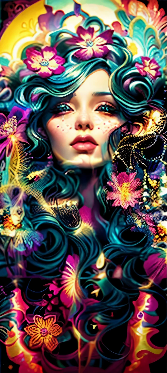 uma pintura de uma mulher com cabelo roxo e flores em seu cabelo, just a joke, Beeple e Jeremias Ketner, beautiful digital illustration, exquisite digital illustration, Lindo arte digital, Bela arte UHD 4K, artgerm e james jean, artgerm julie bell beeple, bela arte digital, inspirado em Jeremiah Ketner, a beautiful art illustration