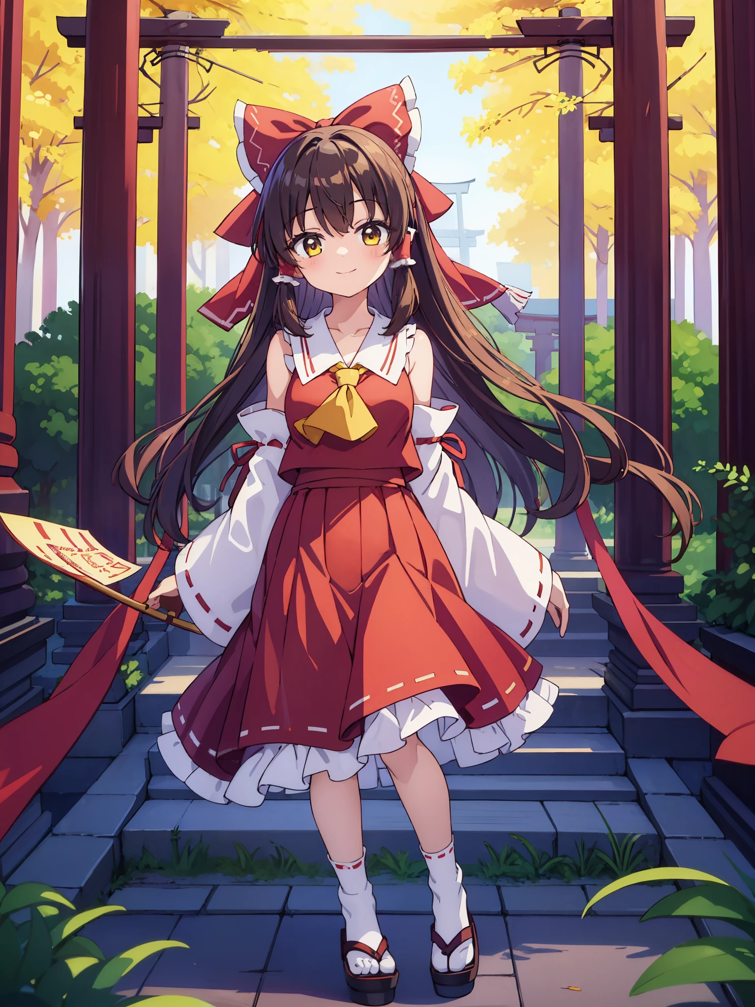 1girl, solo, smile, torii, black floor, tree, sky, looking at viewer, hakurei reimu, brown hair, long hair, hair bow, hair tubes, red bow, detached sleeves, ofuda, yellow ascot, ribbon-trimmed sleeves, wide sleeves, nontraditional miko, frills, bare shoulders, tabi socks, sandals, masterpiece, best quality,