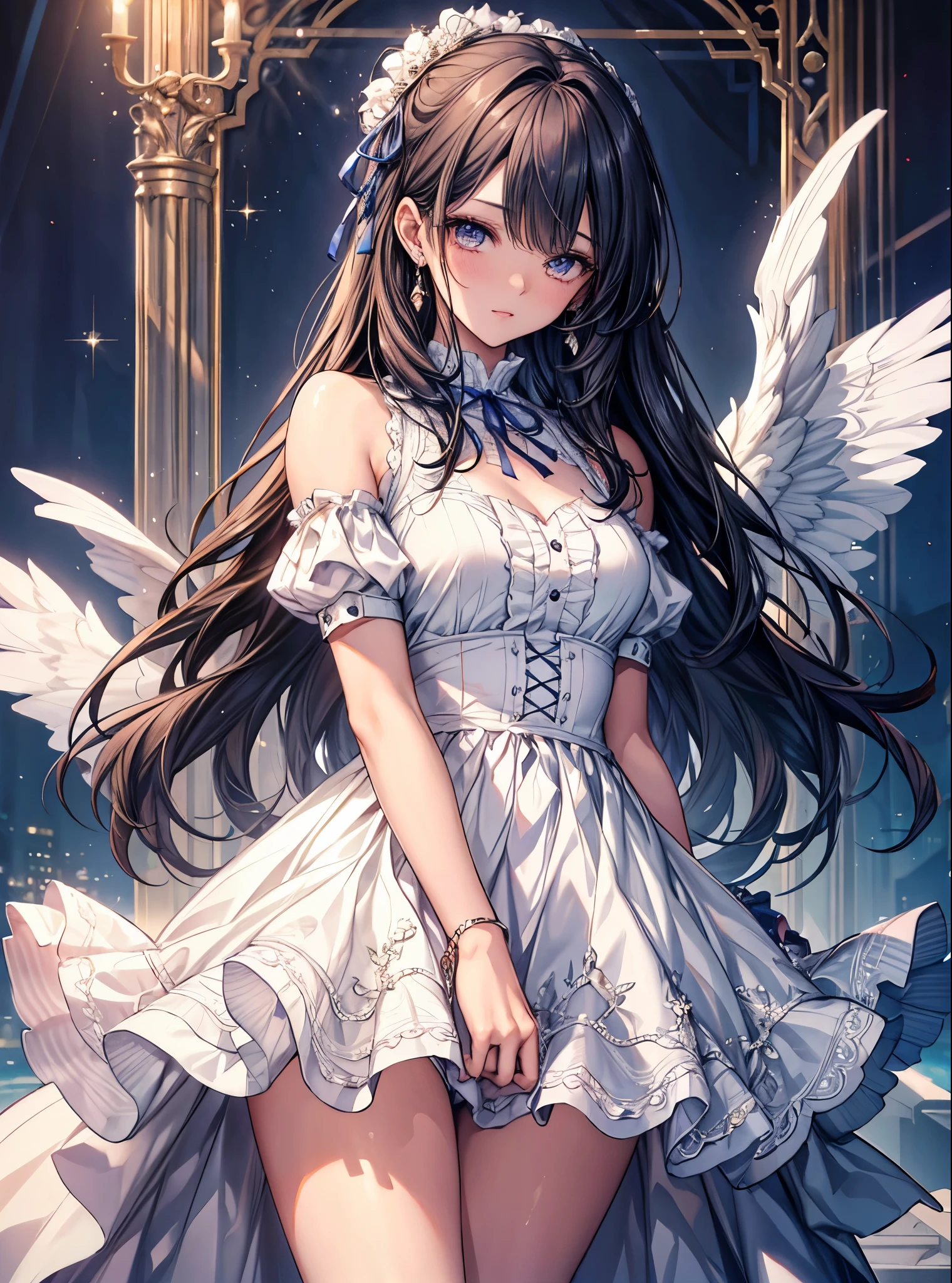 masterpiece, highest quality, High resolution, SA1, Ruffled dresses, Sparkly eyes, thighs, false eyelashes, Cute atmosphere, straight hair, ribbon,