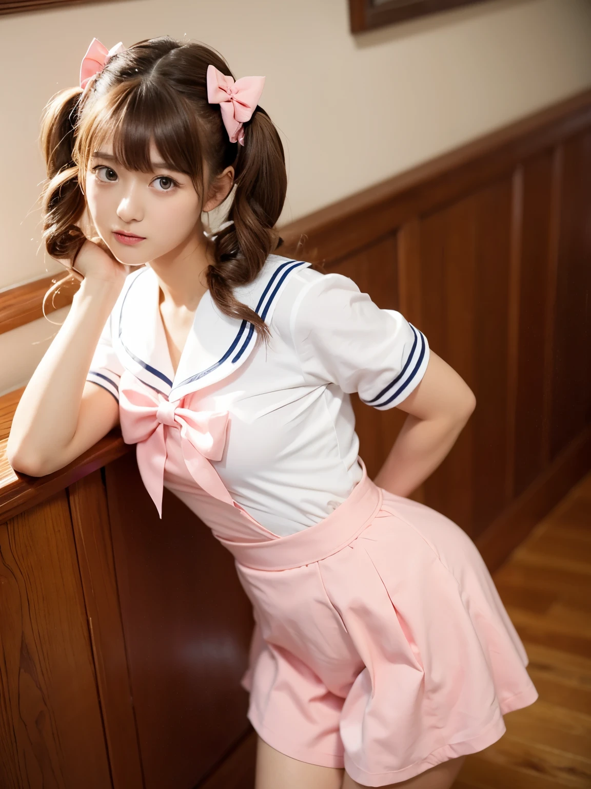 1 girl,twin tails,brown hair，chi bangs，curly,maid,flight,White sailor suit and short skirt,pink bow, female model,~ side,
