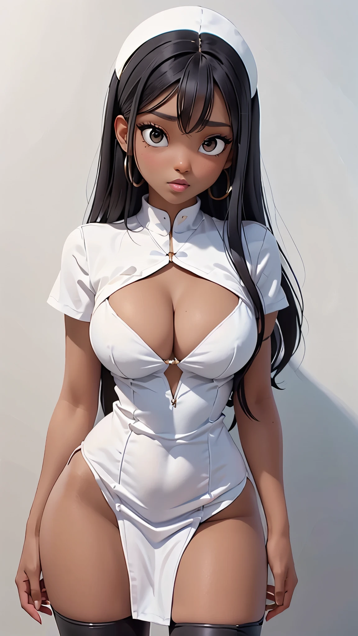 1blackgirl, black girl, Black long straight hair, Warrior Goddess, dressed in white dress, large breasts, goddess, white background