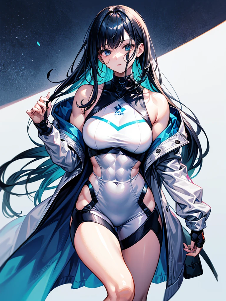(((masterpiece、Highest image quality、highest quality、highly detailed unity 8kwallpaper)))、((Illustration of one girl))、(((beautiful girl)))、blue hair、stocky build, thickset physique:1.3, muscular legs, broad shoulders, solid chest、white clothes