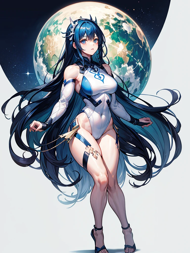 （（（masterpiece、Highest image quality、highest quality、highly detailed unity 8ｋwallpaper）））、（（Illustration of one girl））、（（（beautiful girl）））、blue hair、stocky build, thickset physique：1.3, muscular legs, broad shoulders, solid chest、white clothes