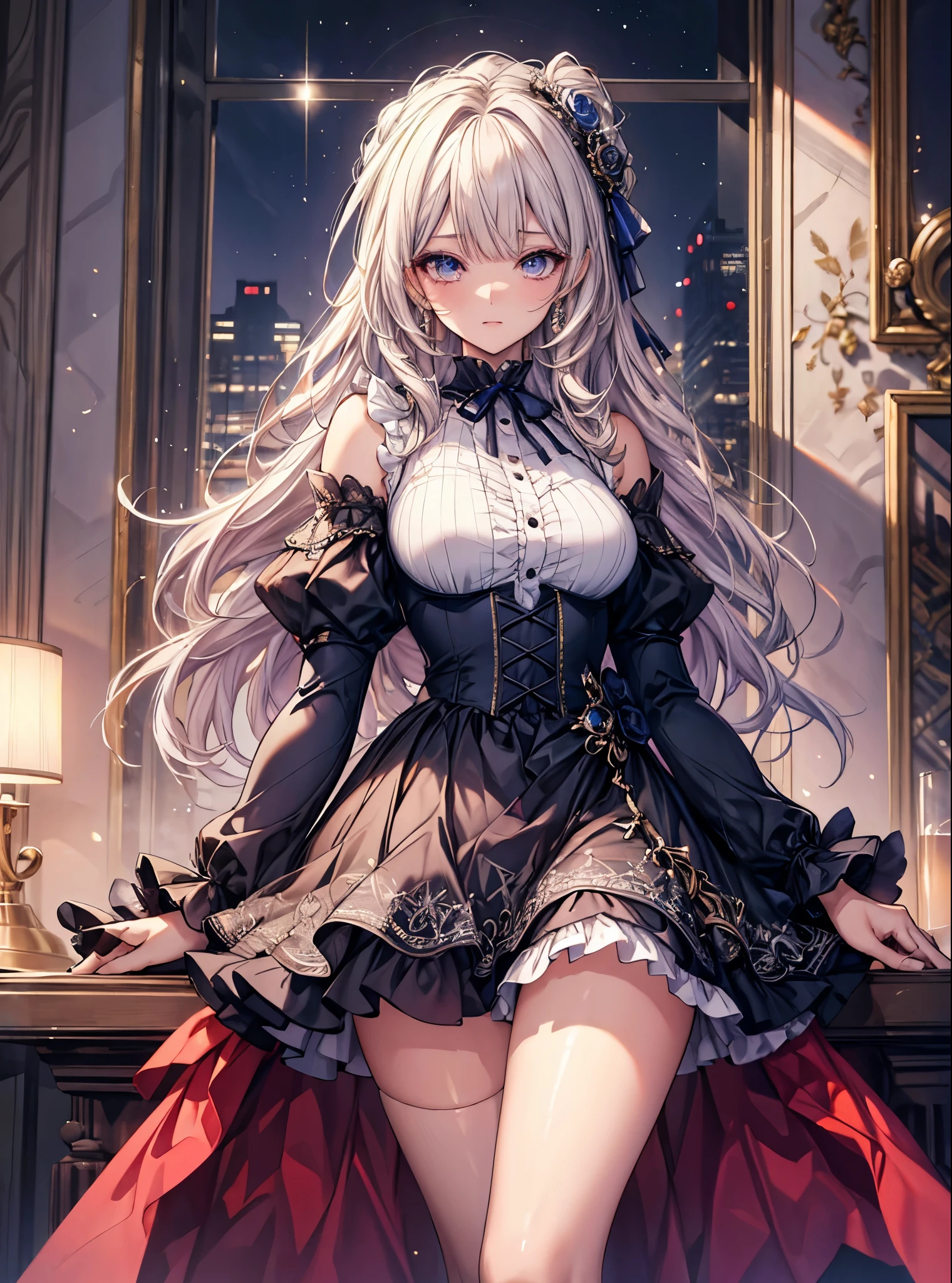 masterpiece, highest quality, High resolution, SA1, Ruffled dresses, Sparkly eyes, thighs, false eyelashes, Cute atmosphere, straight hair, ribbon,