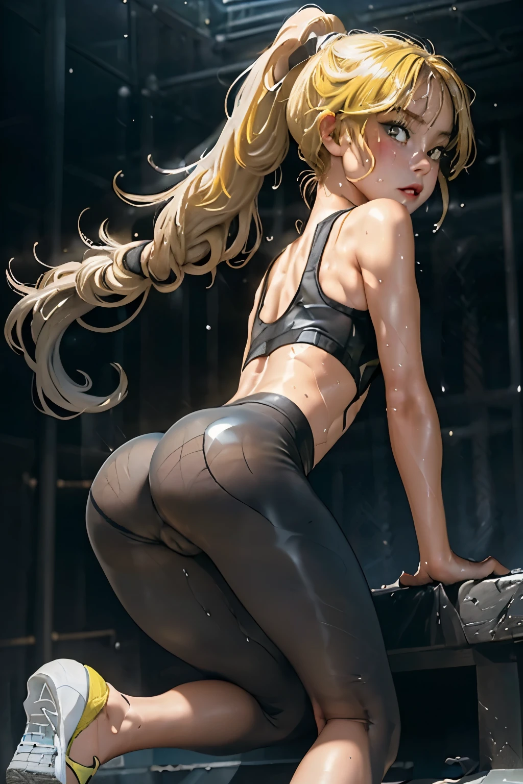 1 girl from behind, tight sports leggings, rear view, girl turning her back, translucent leggings, transparent wet clothing, wet girl, sports bra, sports shoes, buttocks, ass cameltoe, yellow hair, light skin, mature woman, ambiguous, background simple yellow,look back,leonardo,AGGA_STH001